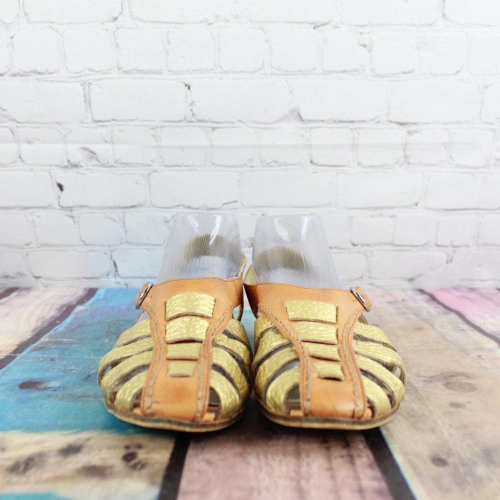 Latigo Jeepers Brown Gold Leather Ankle Strap Flat Sandals Size 9.5 M - Picture 4 of 9